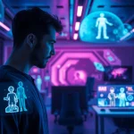 Engaging scene of NSFW AI interaction in a futuristic workspace, showcasing technology.