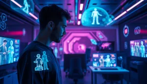 Engaging scene of NSFW AI interaction in a futuristic workspace, showcasing technology.