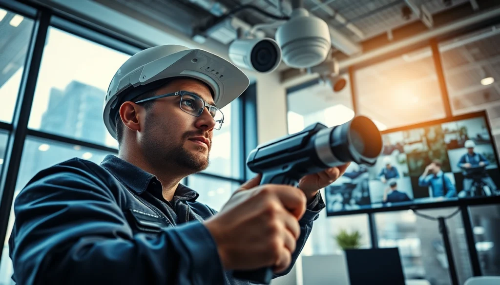 Soporte técnico en cámaras de seguridad instalando cámaras modernas en una oficina.
