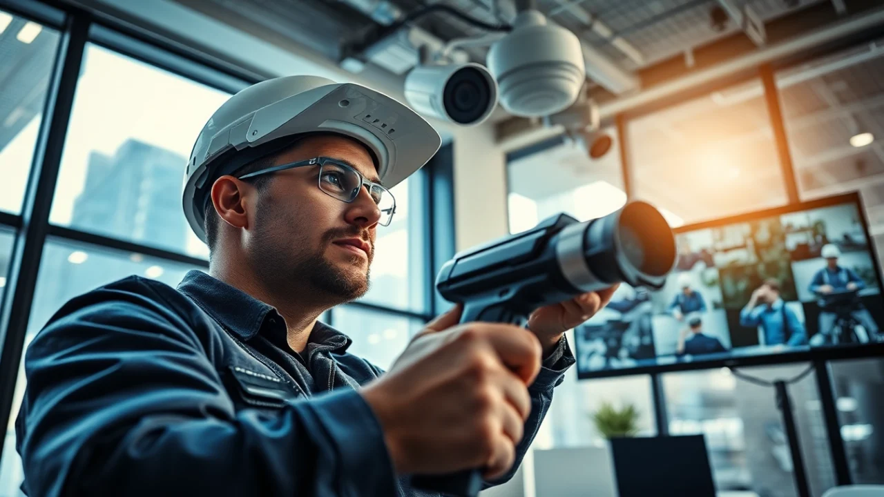 Soporte técnico en cámaras de seguridad instalando cámaras modernas en una oficina.