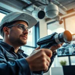 Soporte técnico en cámaras de seguridad instalando cámaras modernas en una oficina.