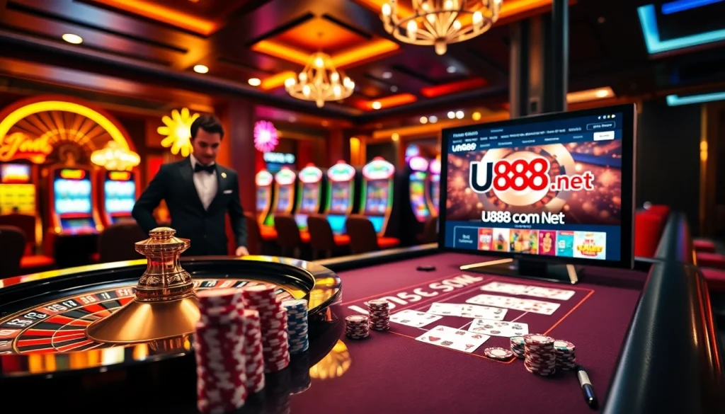 Exciting gameplay at u888com net showcasing poker chips and a roulette wheel in a luxurious casino setting.