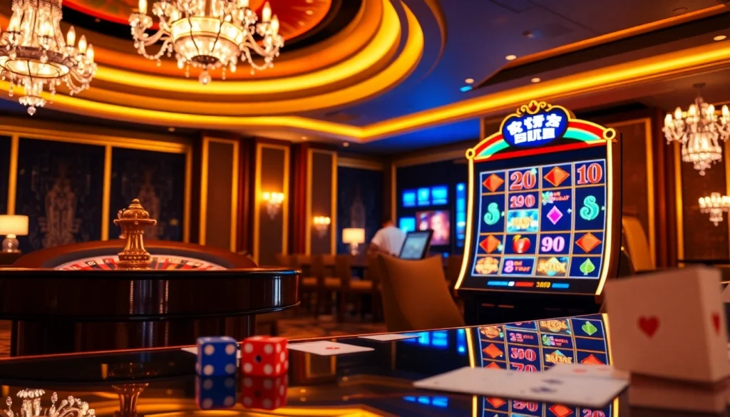 Experience nổ hũ 90 excitement at a luxurious casino scene with vibrant slot machines and poker tables.