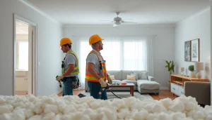 Professionals performing spray foam removal Littlehampton with safety measures in a bright living room.