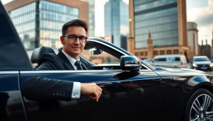 Hire a professional chauffeur in Nottingham with luxury vehicle and city backdrop.