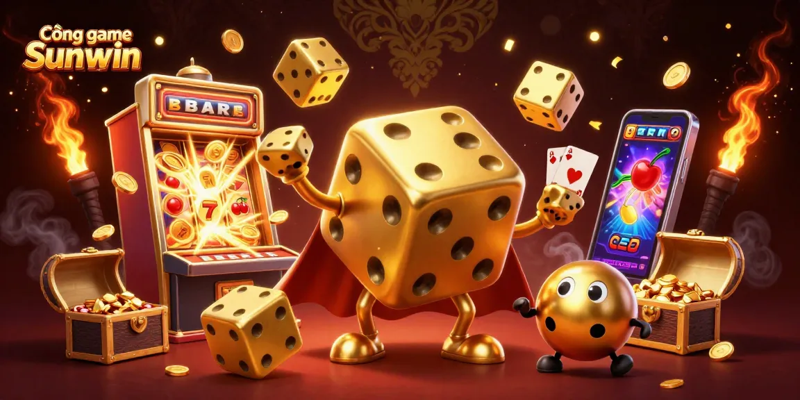 Cổng game Sunwin showcases a vibrant casino scene with a golden dice golem and dynamic game elements.