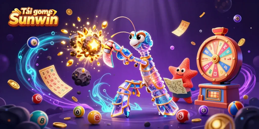 Enjoy a vibrant scene as you tải game Sunwin, featuring colorful lottery balls, golden treasures, and cosmic characters.