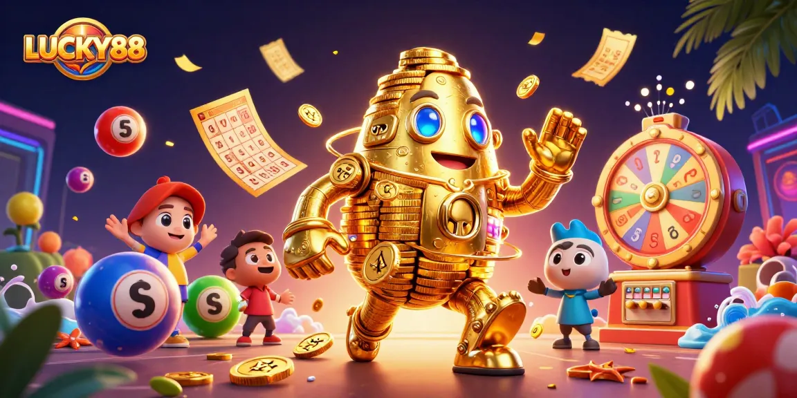 Experience LUCKY88 with vibrant lottery balls and a golden golem in a dynamic casino scene.