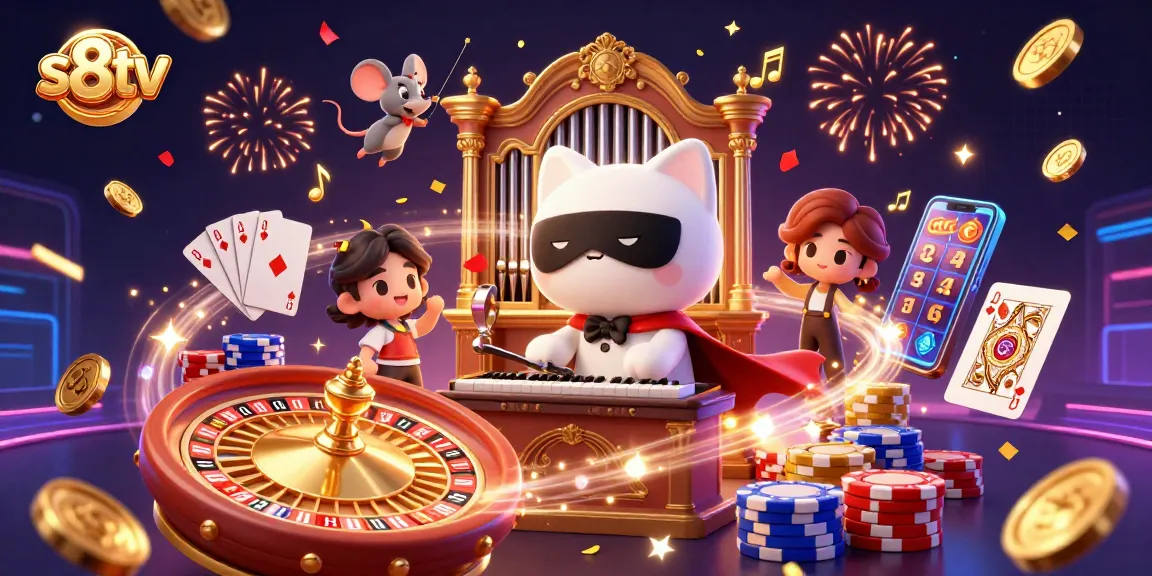 Experience the excitement at s8tv as golden coins and vibrant gems burst around a whimsical casino scene.