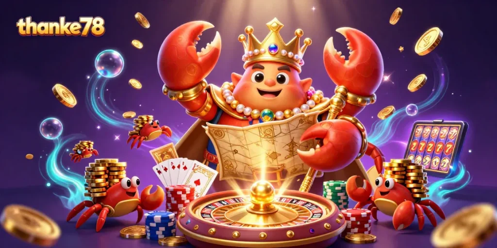 Engage with thanke78 as a golden crab emperor oversees vibrant gambling action, capturing thrilling casino moments.