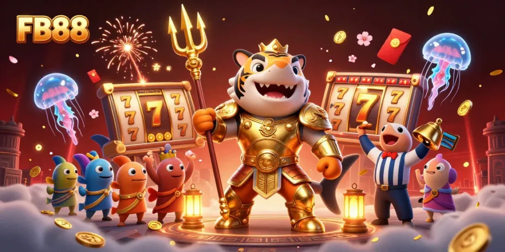 FB88 slots frenzy with a 3D tiger shark championing underwater jackpots amidst gold and cherry blossoms.