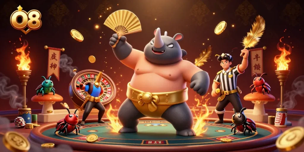 O8 features a dynamic scene with a beetle sumo champion amidst thrilling casino game action