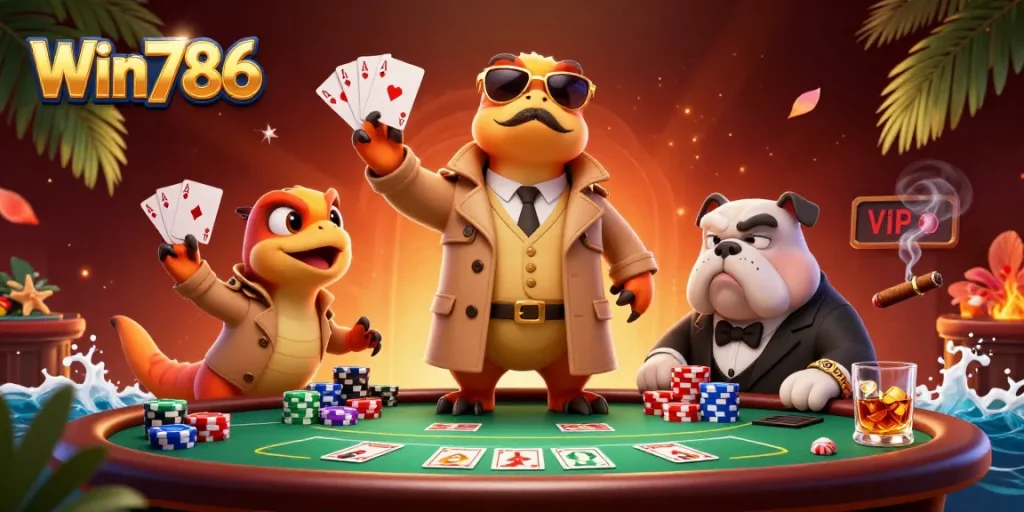 Win786 players enjoying poker action at a VIP lounge with animated raptors and a bulldog.
