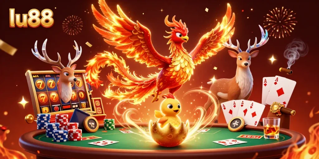 Engage with exciting gaming at lu88, featuring a vibrant phoenix amidst slots and poker elements.