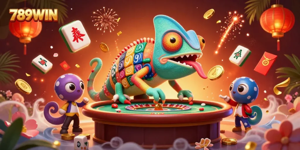 Experience thrilling gaming at 789WIN with vibrant casino elements, glowing tiles, and festive details.