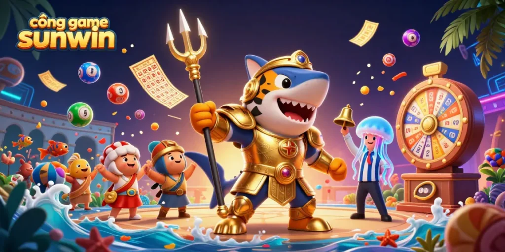 Experience the thrilling cổng game sunwin with a dynamic underwater scene featuring a gladiator shark!