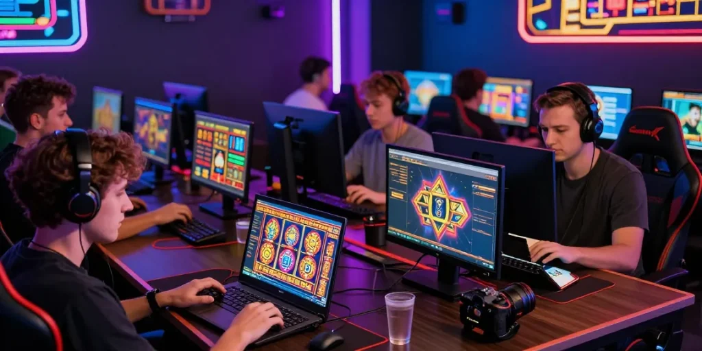 Diverse players engaging with non UK online casinos in a vibrant gaming room with modern devices