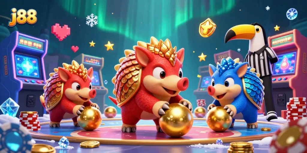 Experience the excitement of j88 as colorful pangolins bowl through poker chips in a vibrant casino.